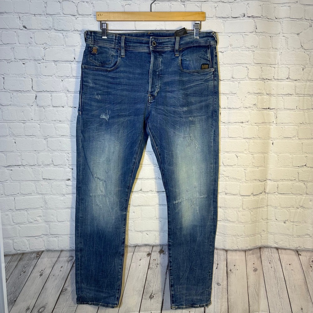 G-Star Raw 3301 Slim Jeans Mens 35 Blue Medium Wash Distressed Denim Button Fly